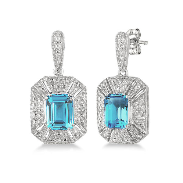 Emerald Cut Blue Topaz Diamond Earrings