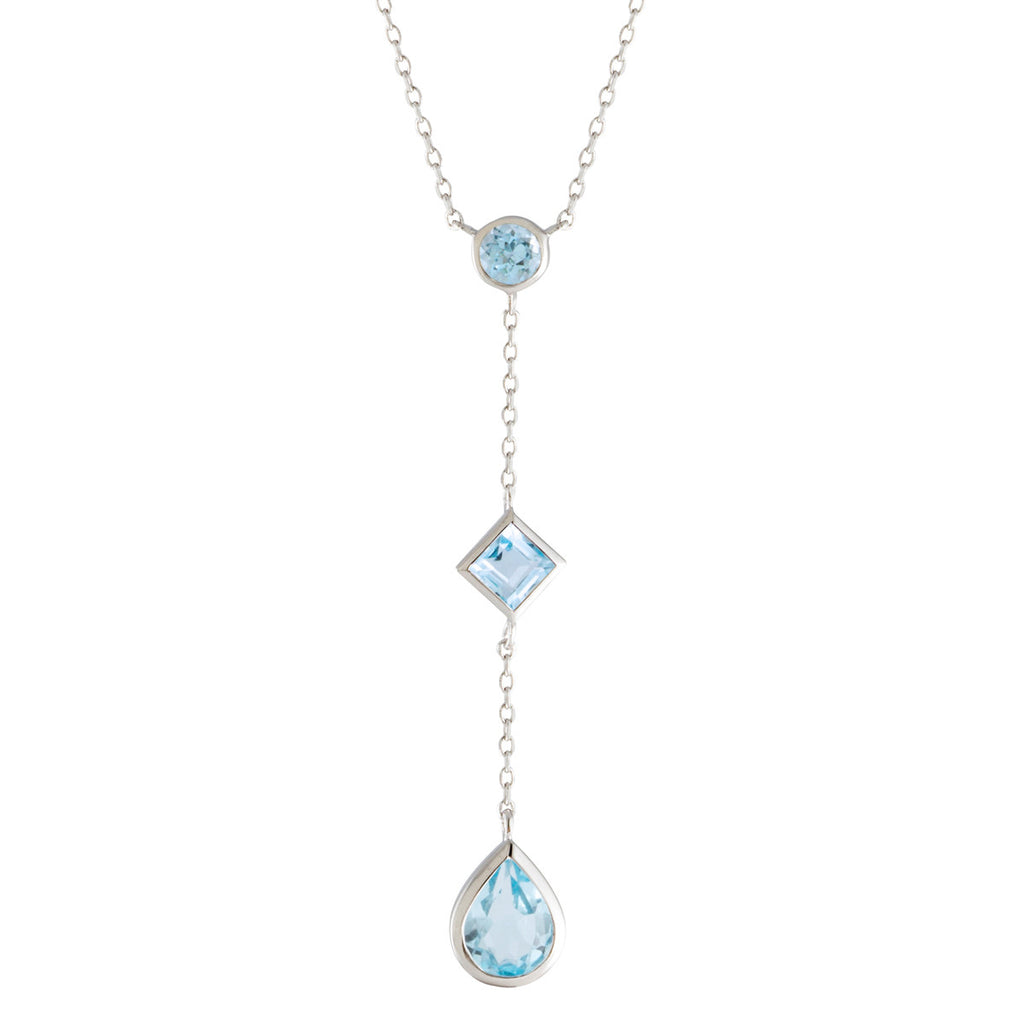 Graduated Blossom Stone Lariat Necklace White Dark Blue and Sky Blue Topaz / Sterling Silver / 18 Inches