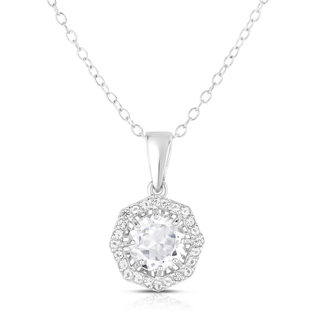 7.5mm white topaz necklace set in sterling silver and surrounded by a halo of white topaz