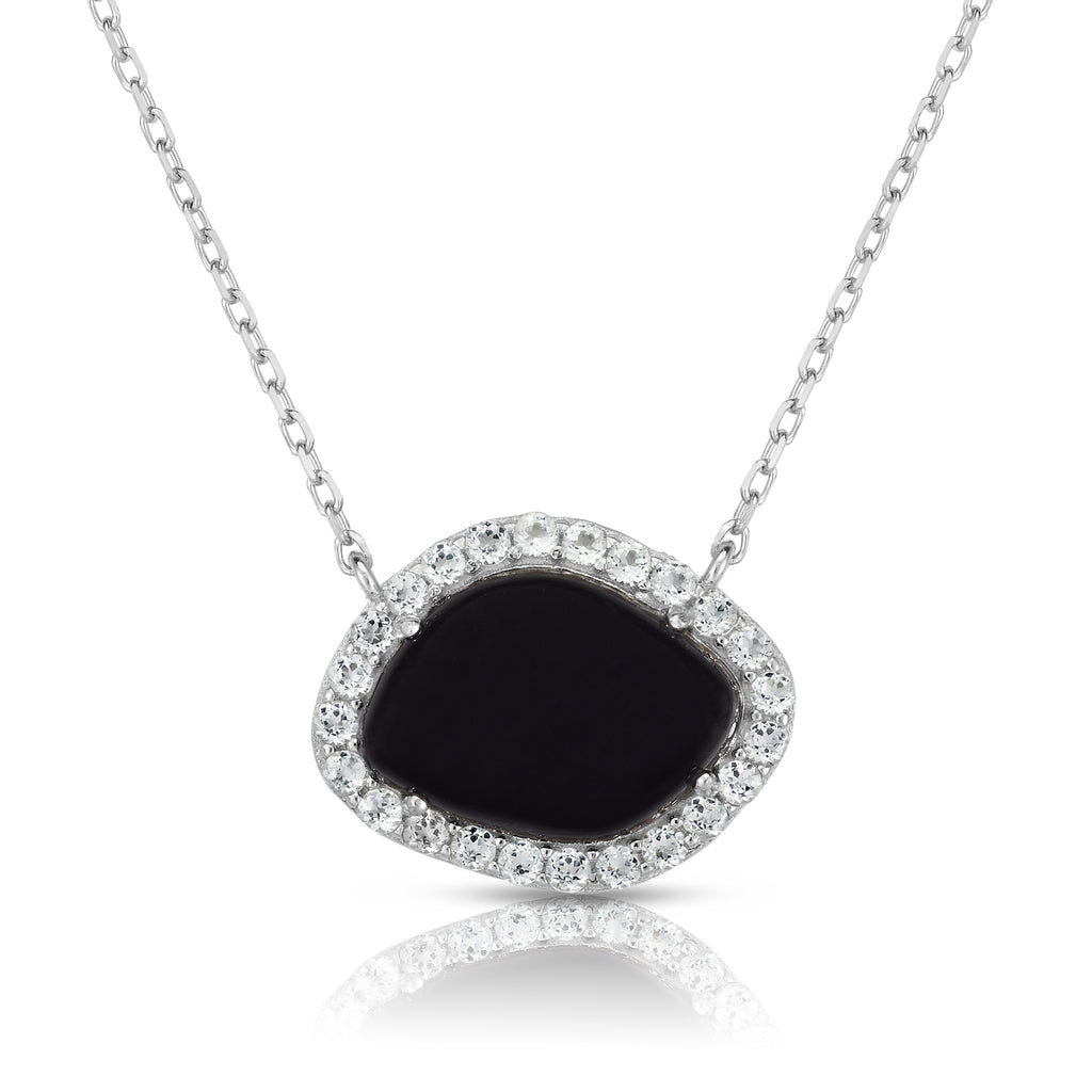 black onyx necklace with white sapphire accents set in sterling silver