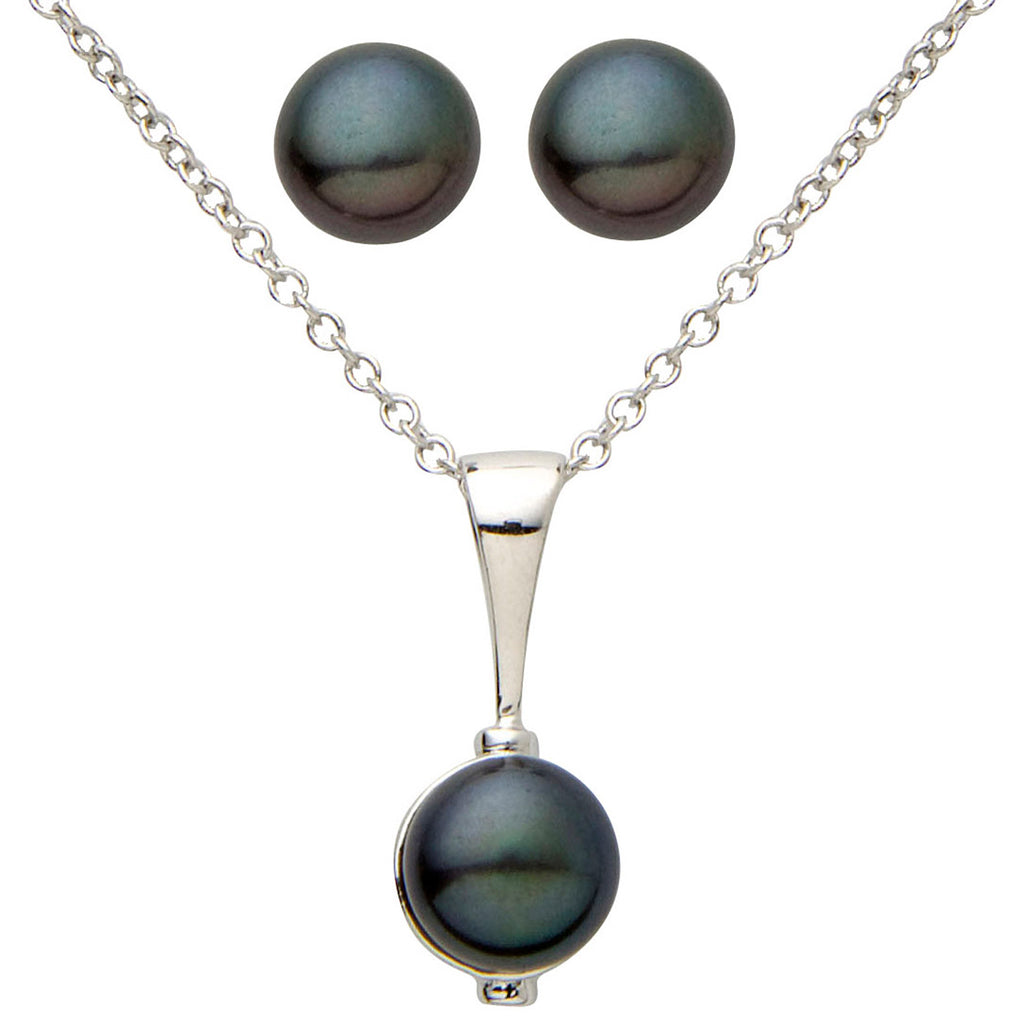 photo of 7mm black freshwater button pearl earring and necklace set, set in sterling silver with an 18