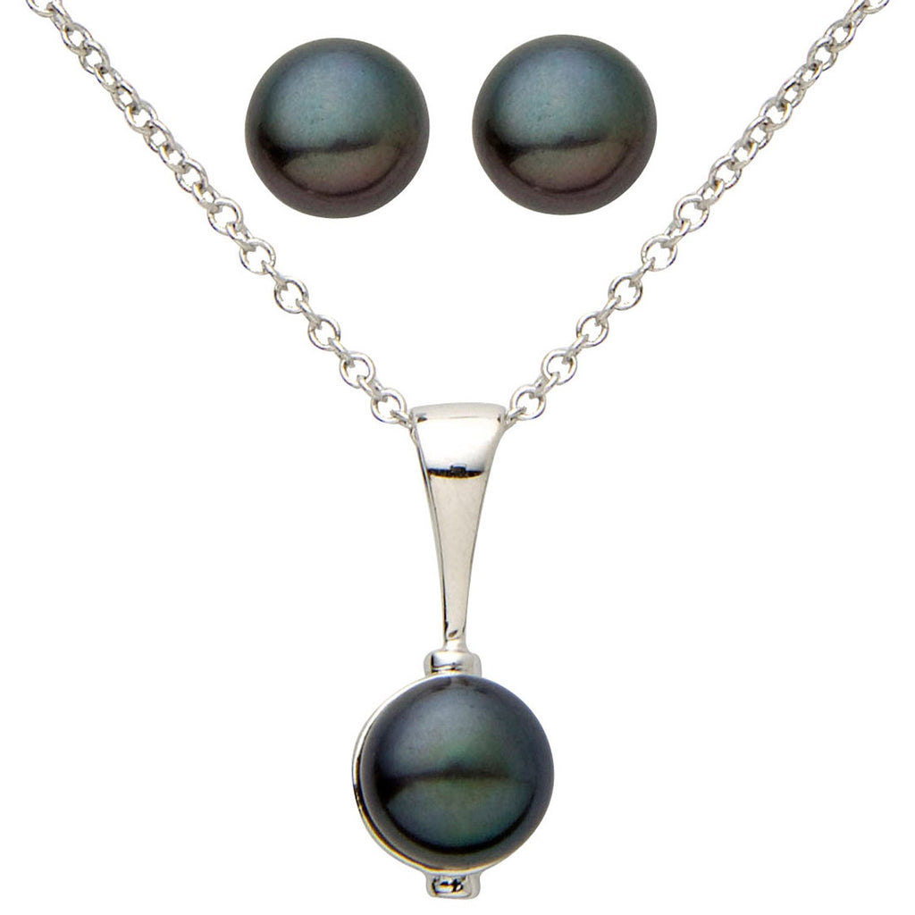 photo of 7mm black freshwater button pearl earring and necklace set, set in sterling silver with an 18" cable chain