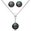 photo of 7mm black freshwater button pearl earring and necklace set, set in sterling silver with an 18" cable chain