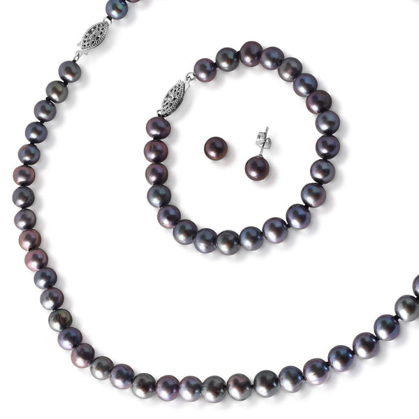 photo of black pearl set, includes earrings, 7" bracelet and an 18" strand