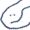 photo of classic black 6mm round freshwater pearl 7" bracelet, earrings and an 18" necklace with 14k white gold clasps.