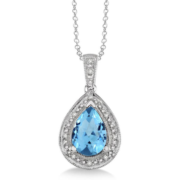 photo of blue topaz necklace, 10x7mm set in sterling silver with .10twt round diamonds