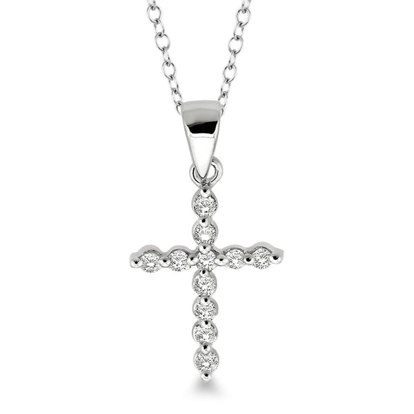 photo of cross necklace, crafted in sterling silver with eleven round diamonds for a total weight of .10twt.