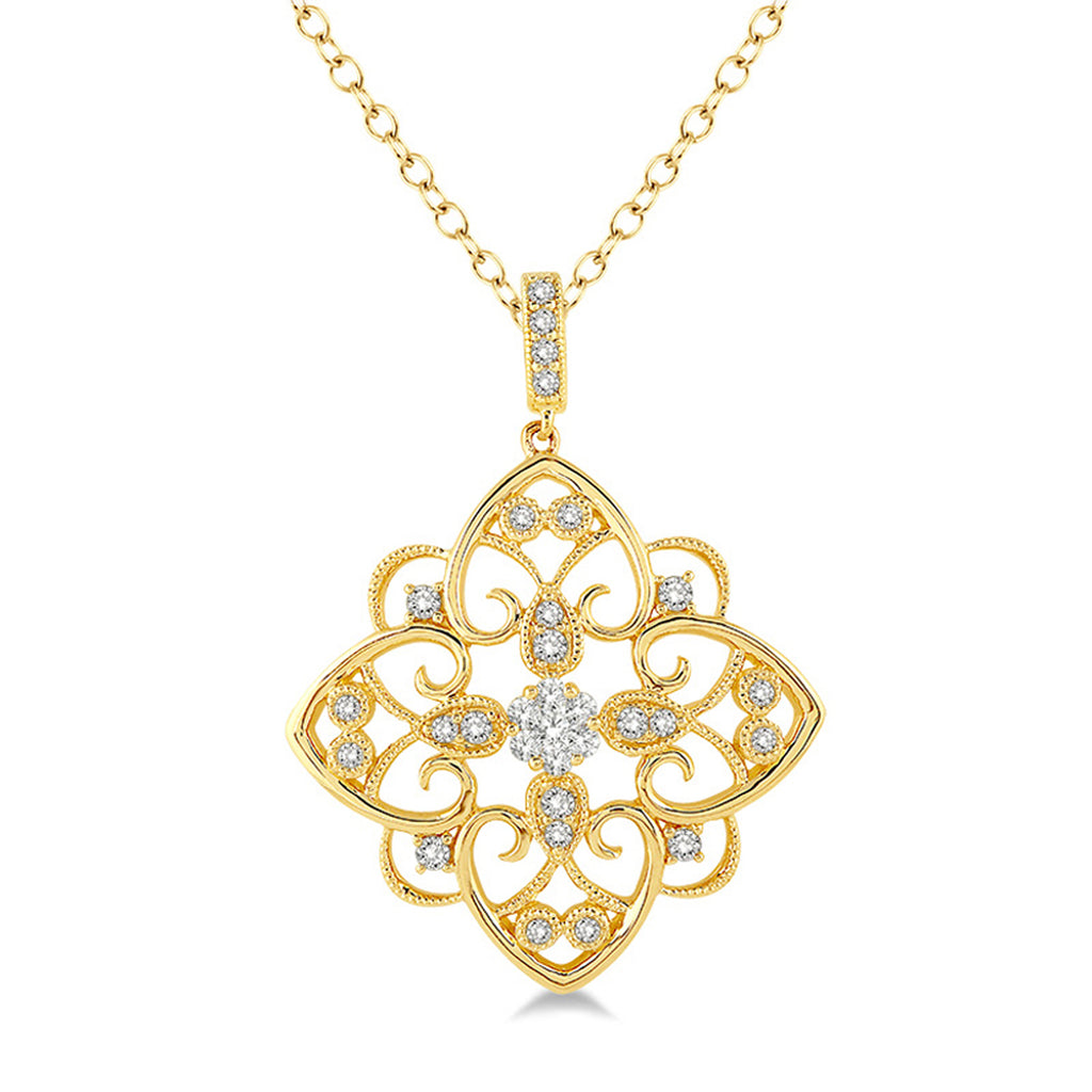 photo of diamond deco-influenced filigree necklace,.33twt round diamonds set in 14k yellow gold with an 18