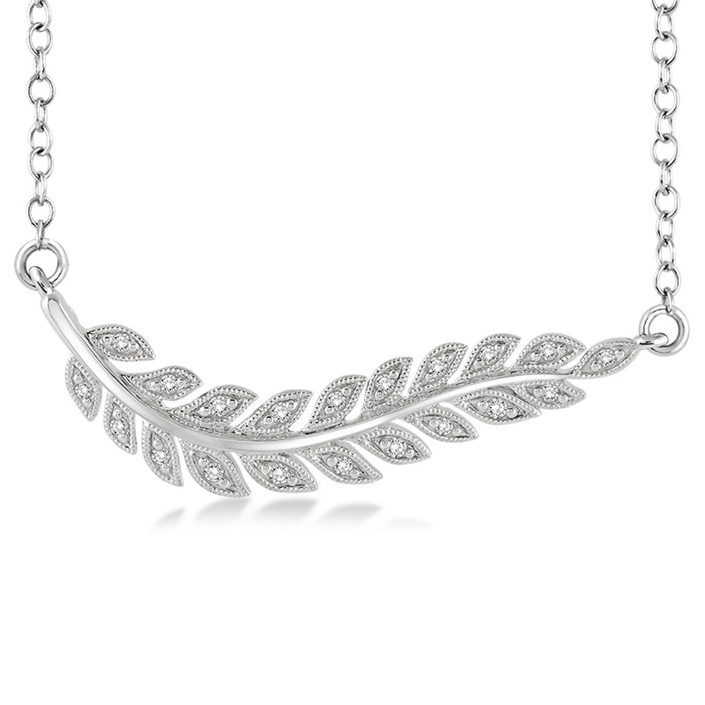 photo of diamond leaf necklace — beautiful millgrain design, .10twt round diamonds set in sterling silver