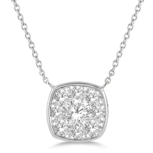 photo of diamond necklace, .50twt round brilliant cut diamonds set in a mosaic pattern set in 14K white gold
