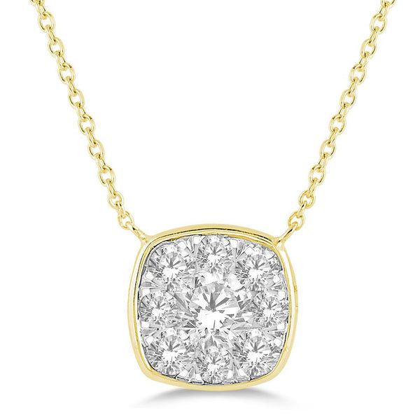 photo of diamond necklace, .50twt round brilliant cut diamonds set in a mosaic pattern set in 14K yellow gold