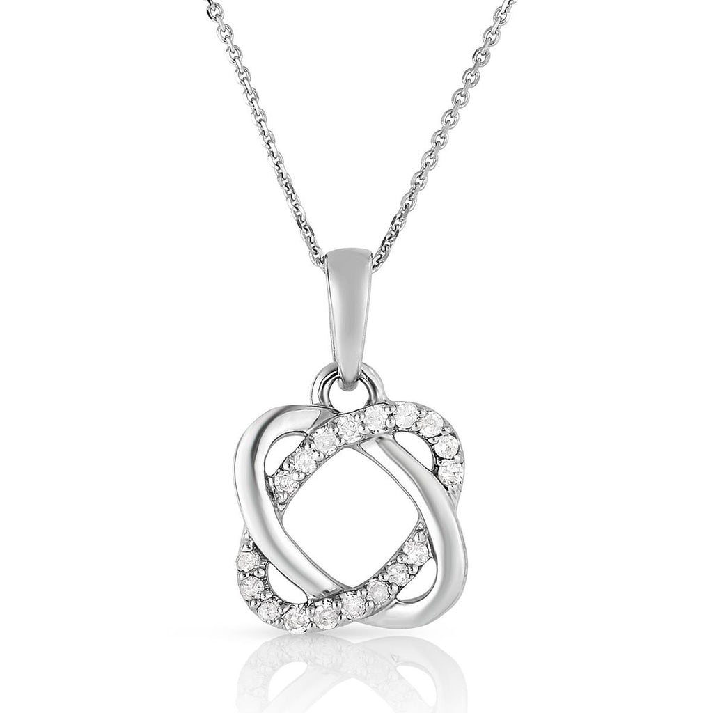 photo of diamond infinity necklace, .10twt round brilliant cut diamonds set in 10k white gold and suspended from an 18