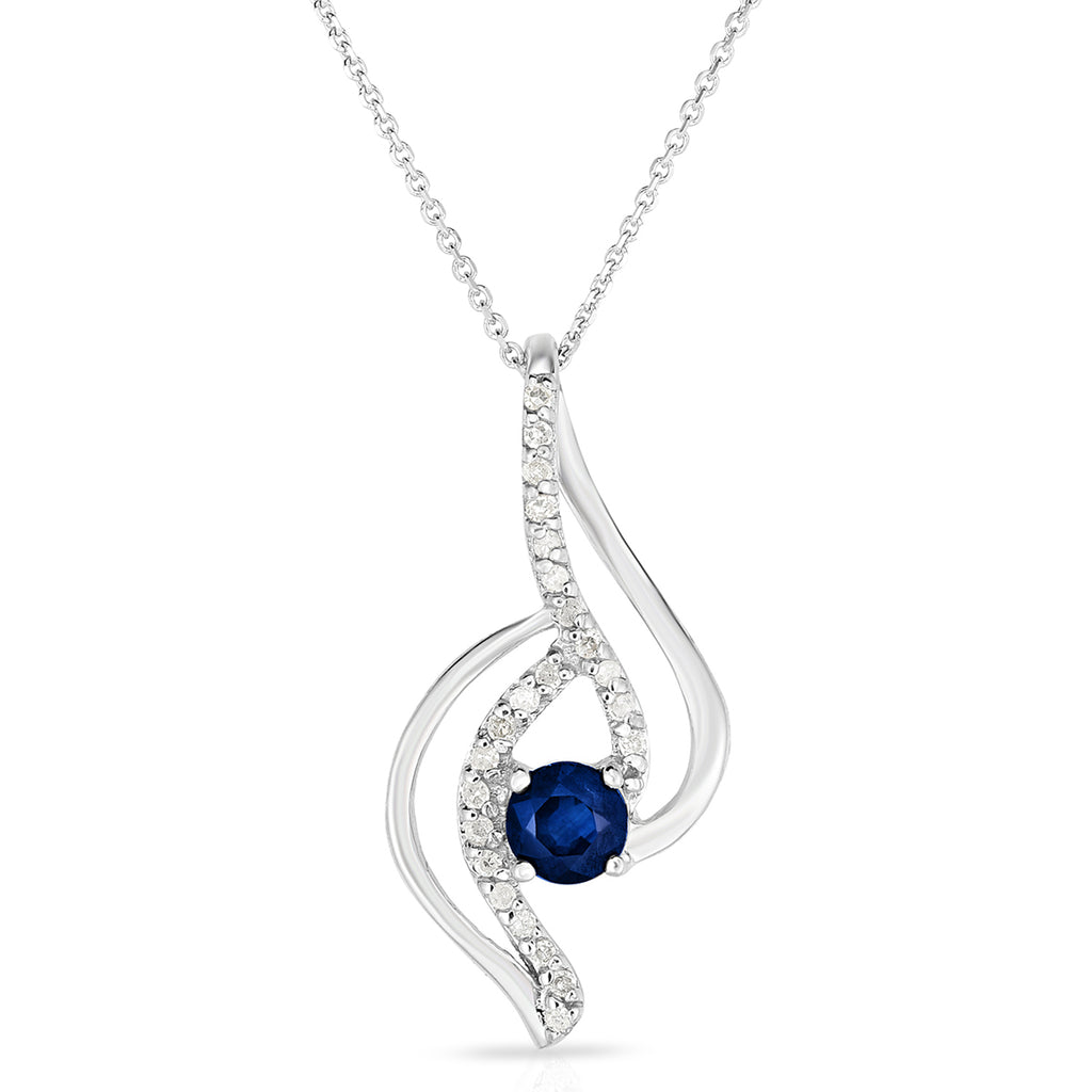 photo of 4mm round genuine sapphire necklace accented by .10twt round diamonds, set in 10k white gold with an 18