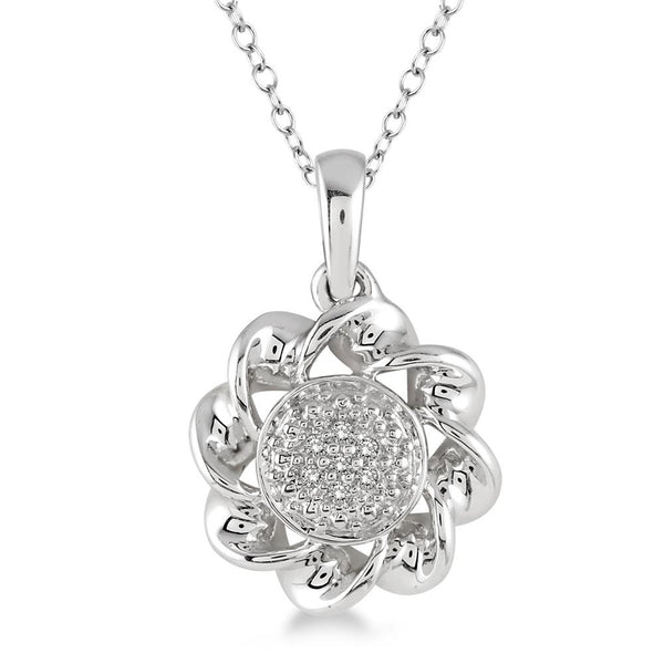 photo of diamond spiral pendant, .02twt round diamonds are set in sterling silver and on an 18