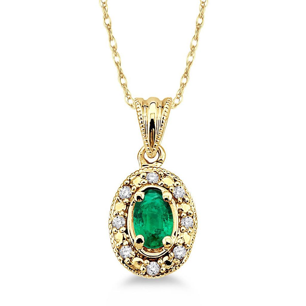  photo of genuine 5x3 oval green emerald pendant, .05twt round brilliant cut diamonds, 18" cable chain in 14k yellow gold