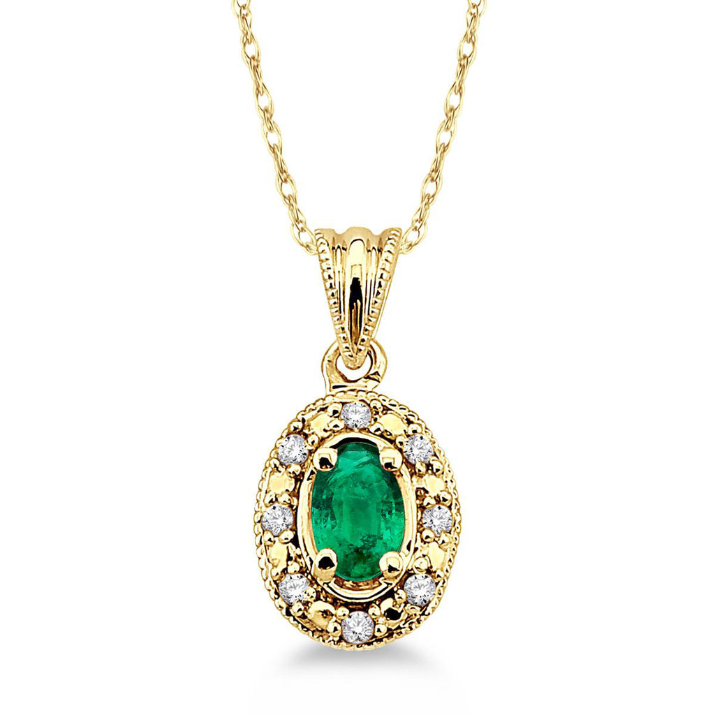  photo of genuine 5x3 oval green emerald pendant, .05twt round brilliant cut diamonds, 18