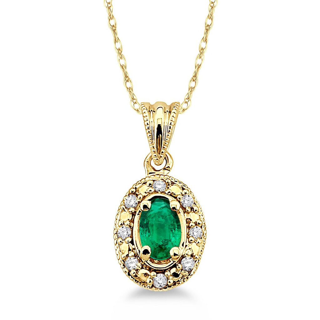  photo of genuine 5x3 oval green emerald pendant, .05twt round brilliant cut diamonds, 18" cable chain in 14k yellow gold