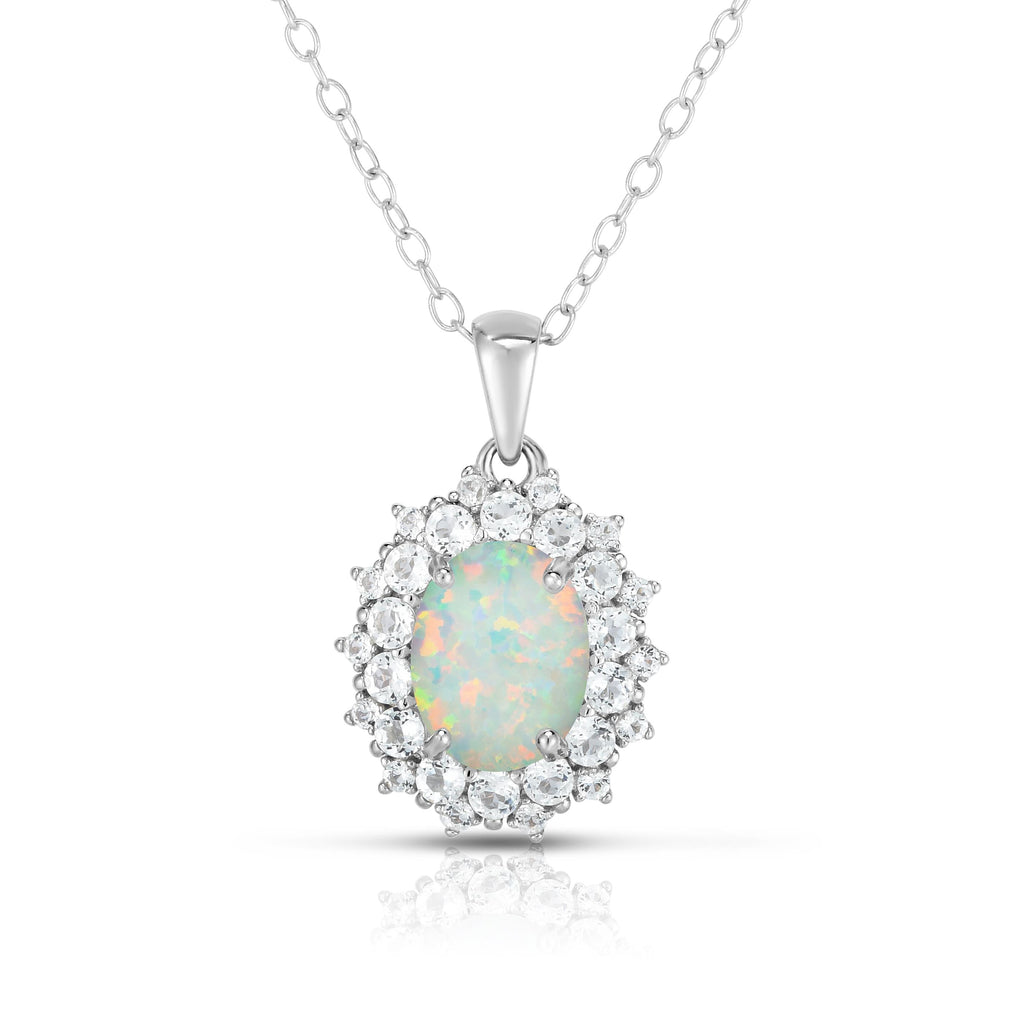 photo of opal surrounded by genuine white topaz pendant