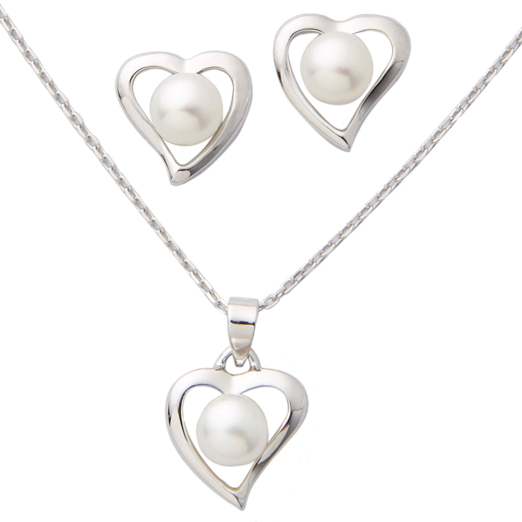 photo of heart-shaped pearl set, classic 6mm freshwater pearls set in sterling silver with an 18