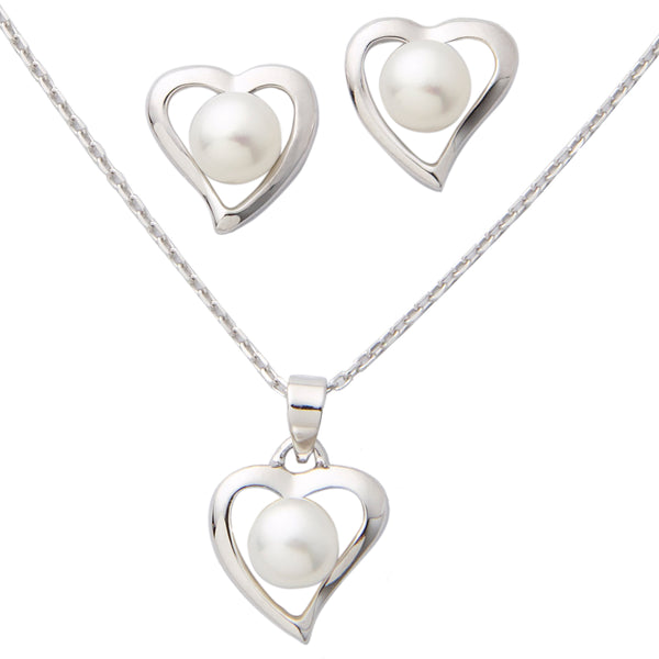 photo of heart-shaped pearl set, classic 6mm freshwater pearls set in sterling silver with an 18