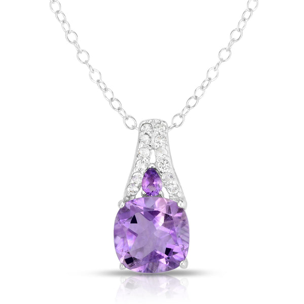 photo of genuine amethyst pendant set in sterling silver with white topaz accents