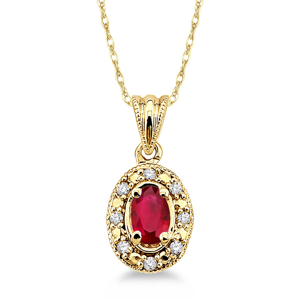  photo of genuine 5x3 oval ruby pendant, .05twt round brilliant cut diamonds, 18" cable chain in 14k yellow gold