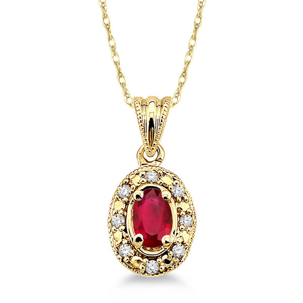  photo of genuine 5x3 oval ruby pendant, .05twt round brilliant cut diamonds, 18
