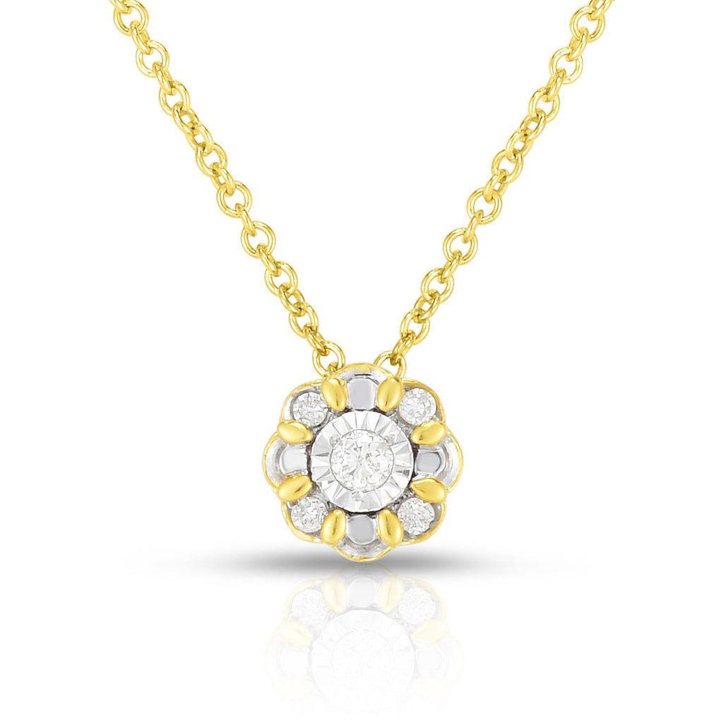 photo of delicate necklace, .10twt round diamonds set in yellow gold overlay with diamond cutting and scalloped details for the extra radiance.