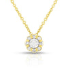 photo of delicate necklace, .10twt round diamonds set in yellow gold overlay with diamond cutting and scalloped details for the extra radiance.