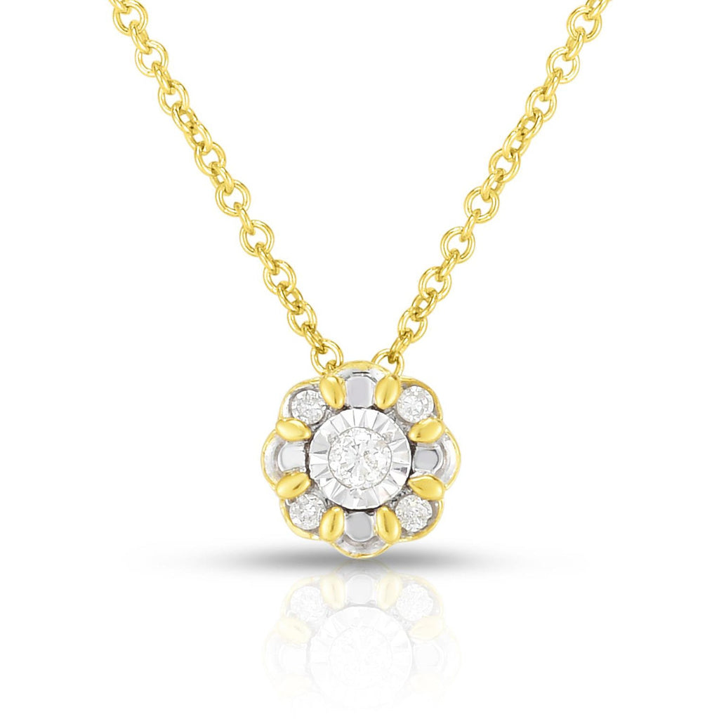 photo of delicate necklace, .10twt round diamonds set in yellow gold overlay with diamond cutting and scalloped details for the extra radiance.