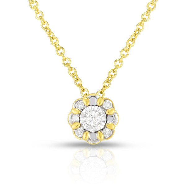 photo of delicate necklace, .10twt round diamonds set in yellow gold overlay with diamond cutting and scalloped details for the extra radiance.