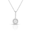 photo of classic solitaire diamond pendant with diamond cut details for added sparkle, .15twt round diamonds set in sterling silver and worn on an 18" cable chain