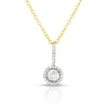 photo of classic solitaire diamond pendant with diamond cut details for added sparkle, .15twt round diamonds set in sterling silver with yellow gold overlay and worn on an 18" cable chain