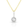 photo of classic solitaire diamond pendant with diamond cut details for added sparkle, .15twt round diamonds set in sterling silver with yellow gold overlay and worn on an 18" cable chain