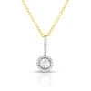 photo of classic solitaire diamond pendant with diamond cut details for added sparkle, .15twt round diamonds set in sterling silver with yellow gold overlay and worn on an 18