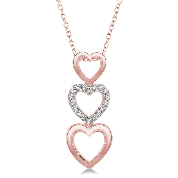 photo of pretty diamond heart necklace with .06twt round diamonds set in 10k rose gold and suspended from an 18
