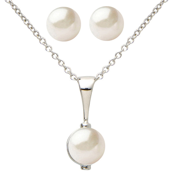 photo of 7mm white freshwater button pearl earring and necklace set, set in sterling silver with an 18